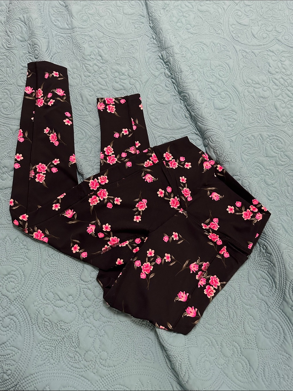 PINK Victoria's Secret Black Leggings with Pink Floral Print